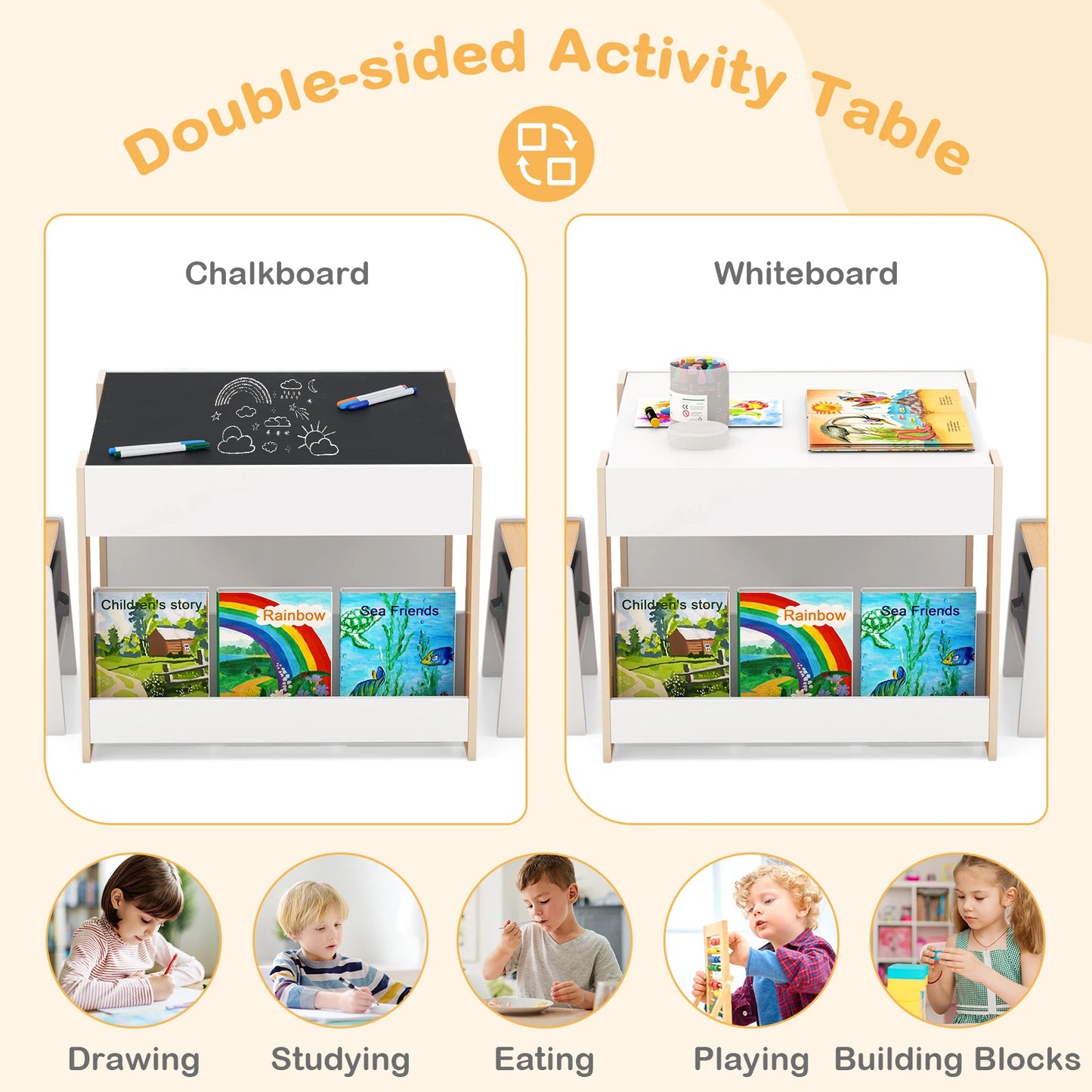 4-in-1 Kids Activity Table & Chair Set with Bookshelves and Storage Bins