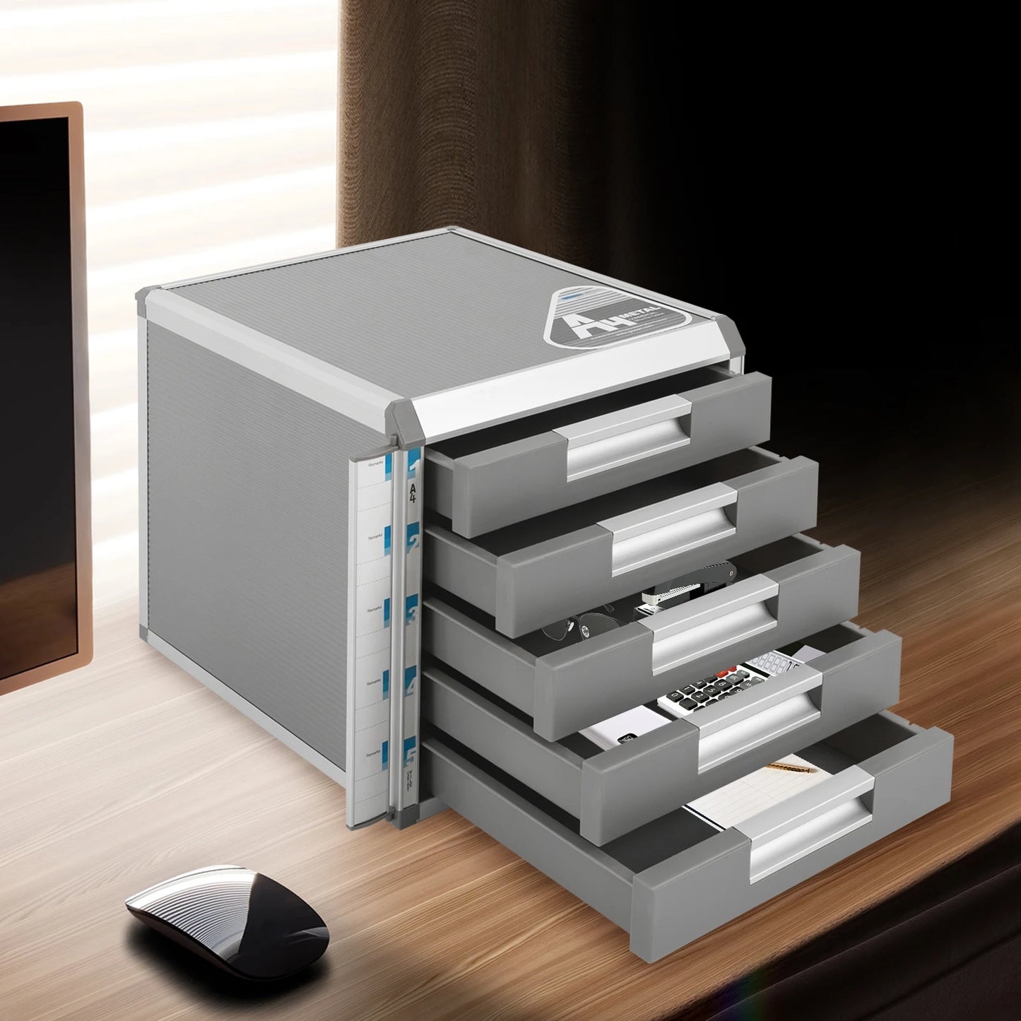 5 Drawer Locking File Organizer, A4 Document Storage Cabinet with Aluminum Alloy Frame, Secure Desktop Filing System for Home & Office  Description