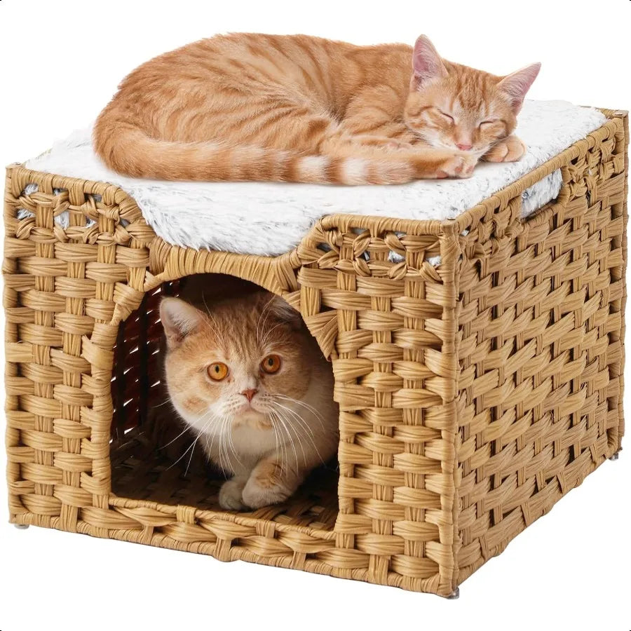 Handwoven Rattan Cat Cave Bed Indoor Kitten House Foldable
