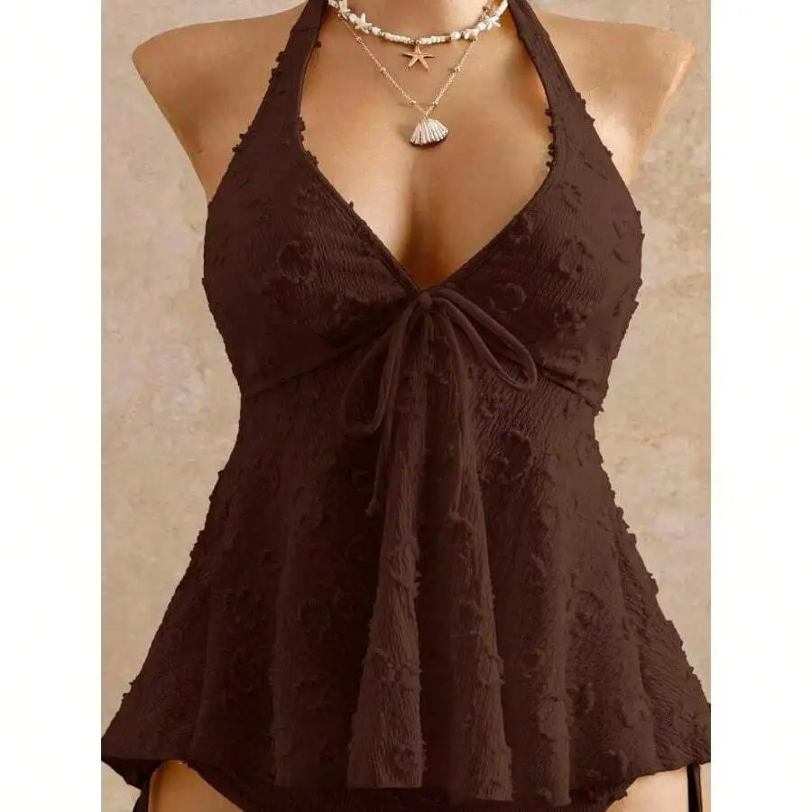 Women’s Halter Neck Swim Dress | Lace Texture One-Piece Swimsuit with Tummy Control