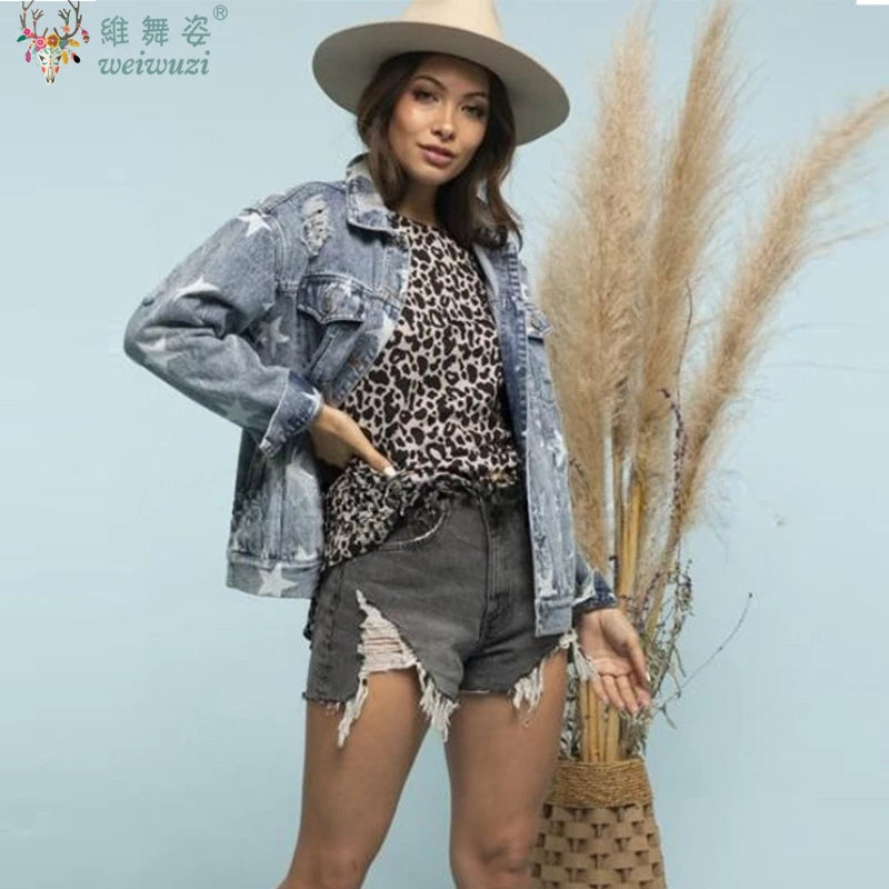 Women Denim Jacket Star Pattern Ripped Long Sleeve Jacket