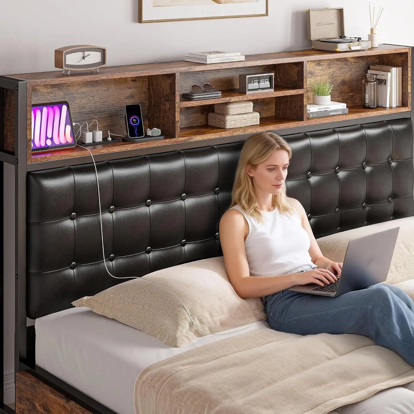 Upholstered Platform Bed with Tall Padded Headboard