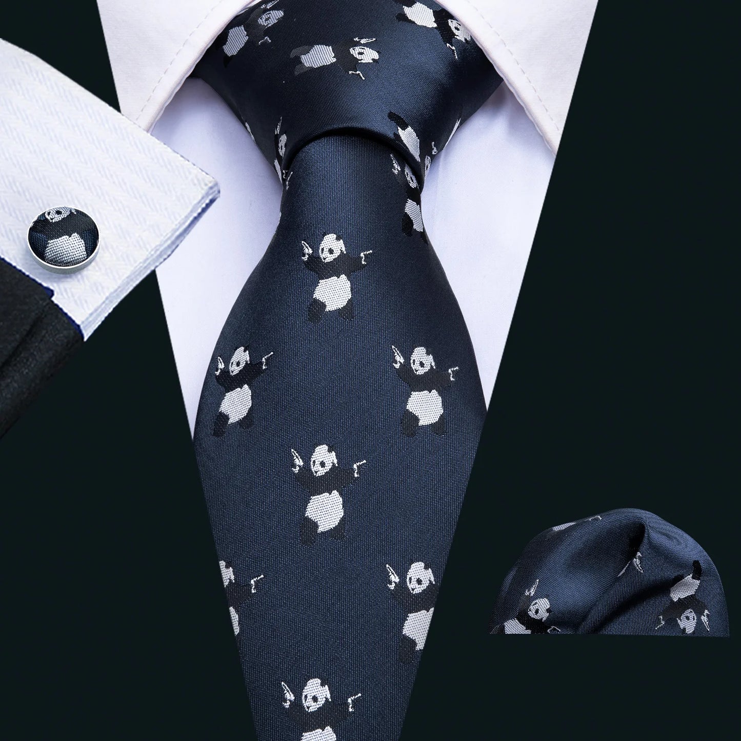 Men’s Luxury Dinosaur Necktie Set . Navy Blue Silk Tie, Pocket Square & Cufflinks for Business, Weddings & Special Events