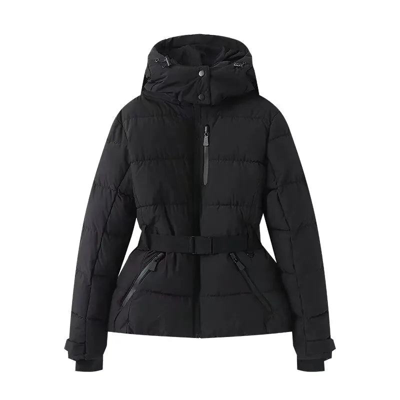 Women's Winter Hooded Puffer Jacket. High-Waist Belted Warm Coat
