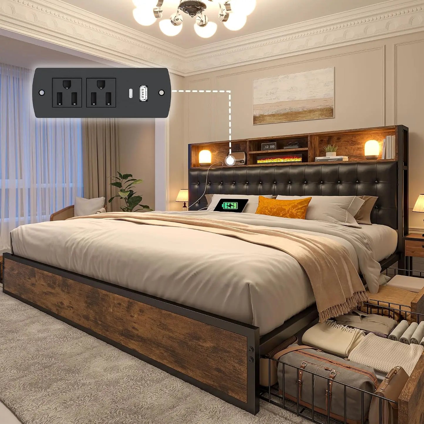 Upholstered Platform Bed with Tall Padded Headboard