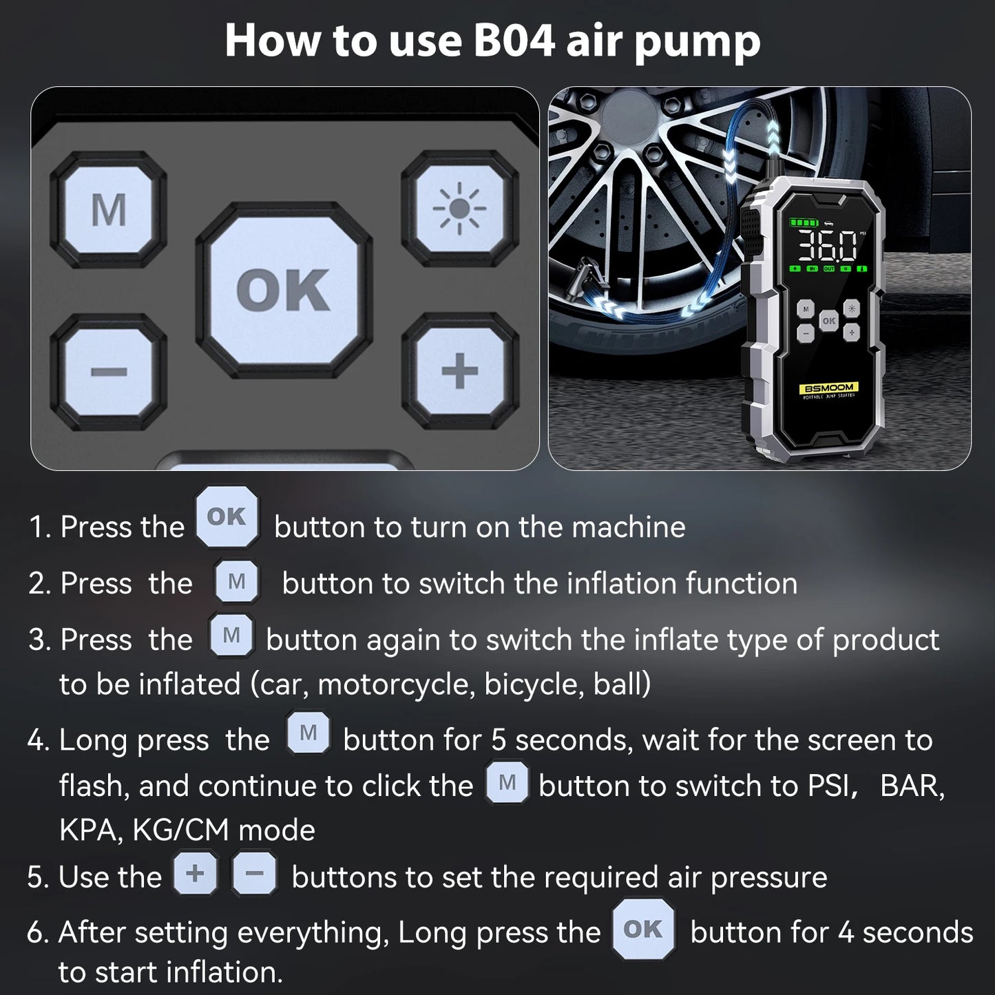 Portable Car Jump Starter with Air Compressor LCD Display 21800mAh Battery Pack