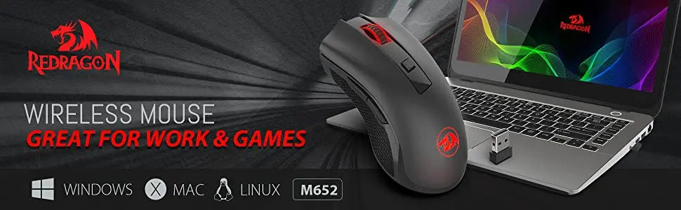 Redragon M652 2.4GHz Wireless Gaming Mouse, Ergonomic Optical USB Mouse with Adjustable DPI for PC, Laptop & Mac