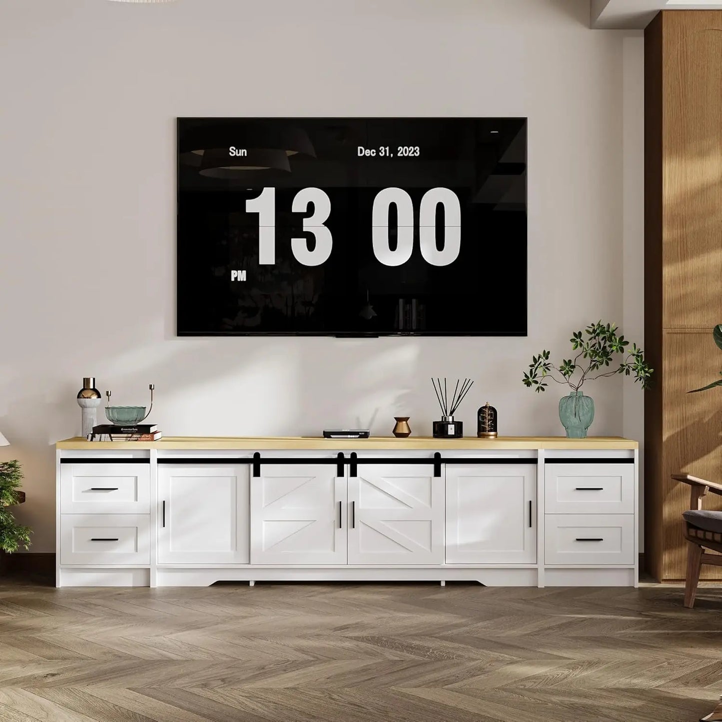 Farmhouse TV Stand for 100" TV, 94.5" Entertainment Center with Storage Drawers, Barn Doors and Cable Management, Media