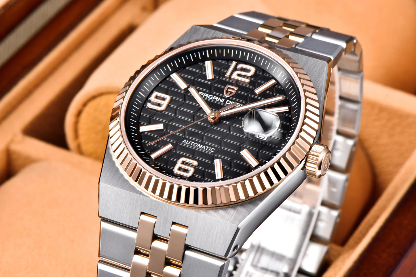 PAGANI DESIGN Men’s Automatic Luxury Watch,  Sapphire Crystal Stainless Steel Waterproof Mechanical Wristwatch with 3D Rhombus Dial