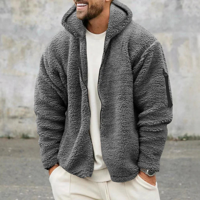 2024 Men's Autumn and Winter Double-Sided Fleece Warm Jacket  Loose Hooded Casual Jacket
