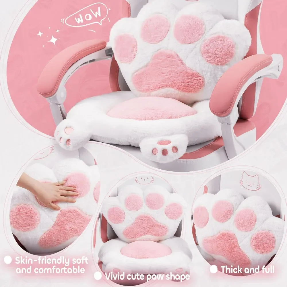 Pink Gaming Chair Cute with Cat Ears Paw Lumbar and Cushion,Ergonomic Computer Chair with Footrest,Reclining PC Game Chair for G