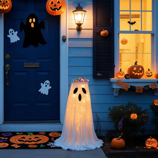 Halloween Lighted White Cloth Ghost Candy Bowl Indoor & Outdoor Decor Kit Scary Standing Ghosts Decor for Front Door Porch Yard
