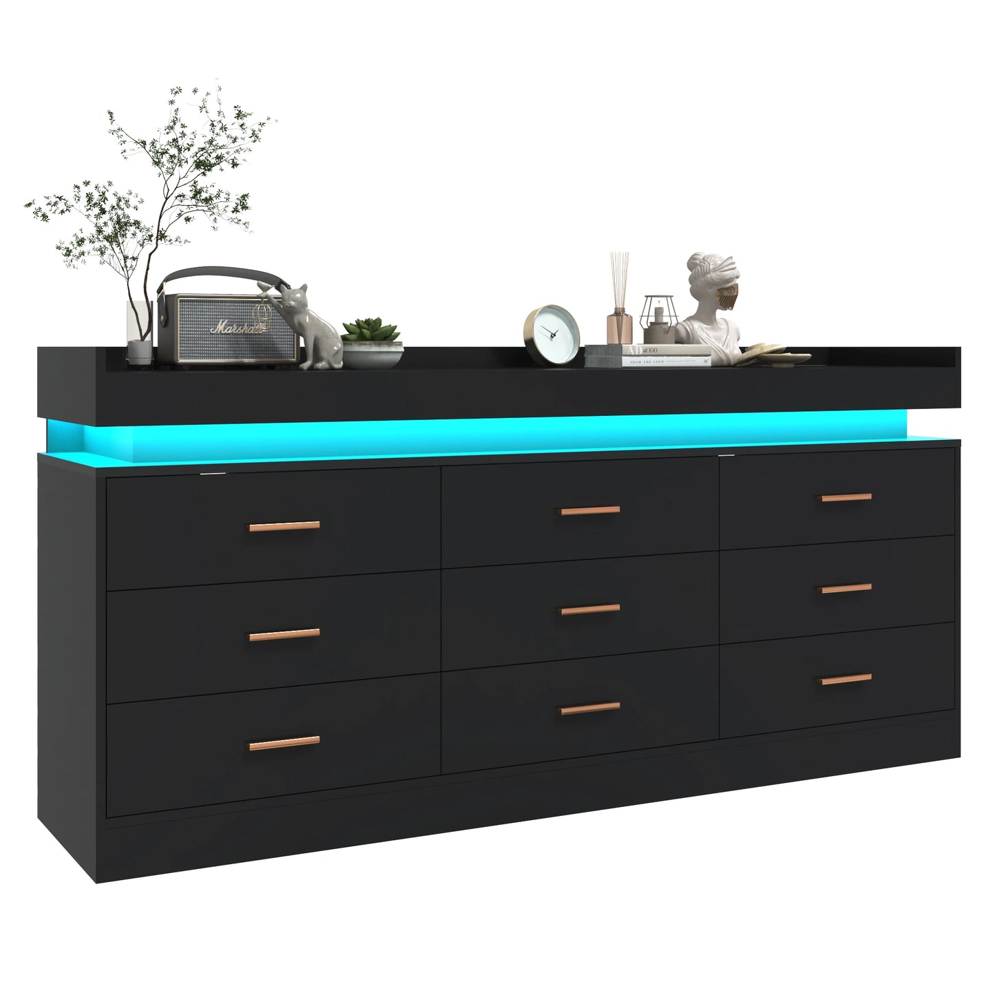 9 Drawer Dresser with LED Light and Charging Station, Modern Chest of Drawers for Closet, Wide Drawer Organizer Cabinet