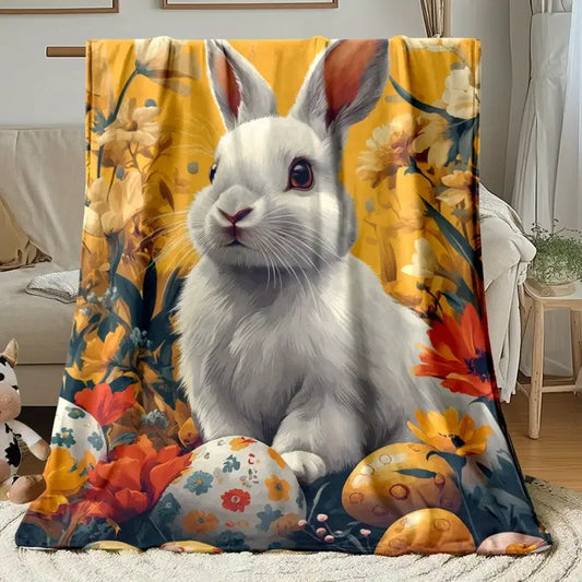Cute Easter Bunny Floral Blanket .  Soft Flannel Throw for Home & Gifts