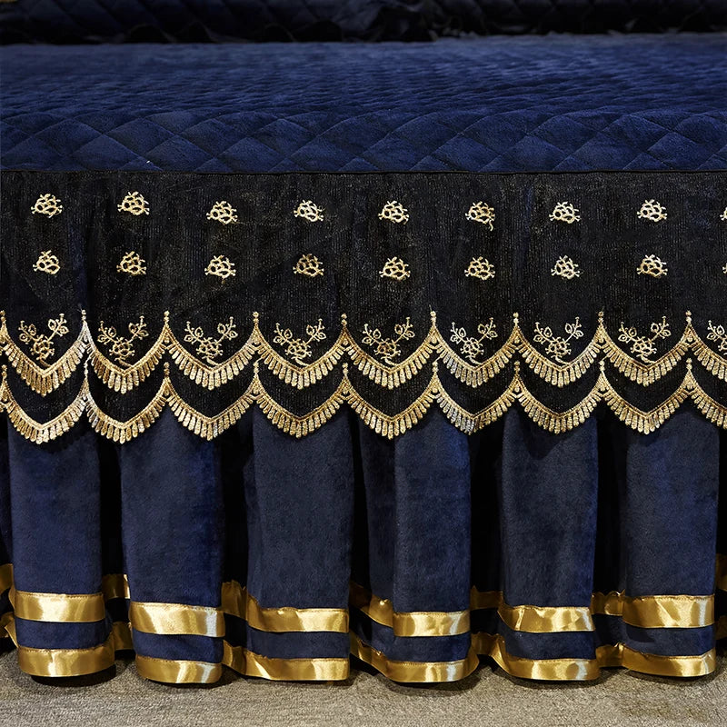 Luxury Dark Blue Quilted Lace Bedspread Set