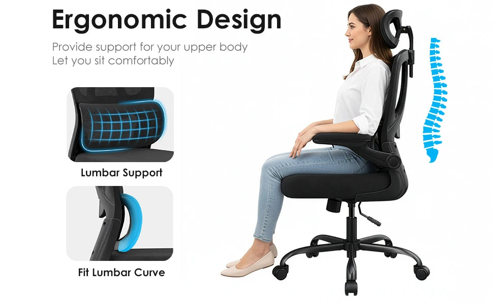 Ergonomic High Back Office Chair with Adjustable Headrest, Lumbar Support, Flip-Up Armrests & Reclining Computer Desk Chair