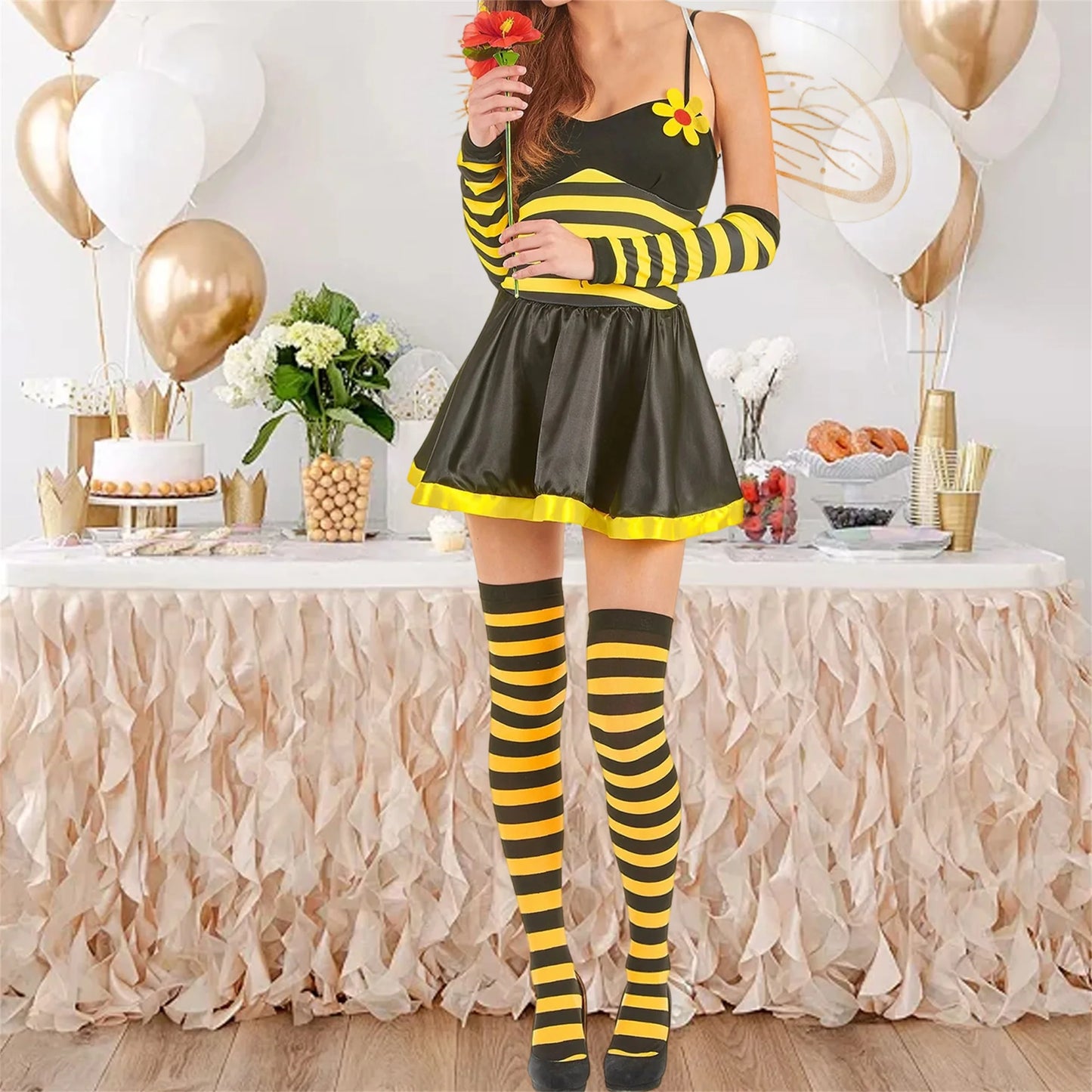 Women Halloween Ladybug Cosplay Costume Halter Dress Antenna Headband Wing Arm Sleeves Stockings Set for Costume Party Theme