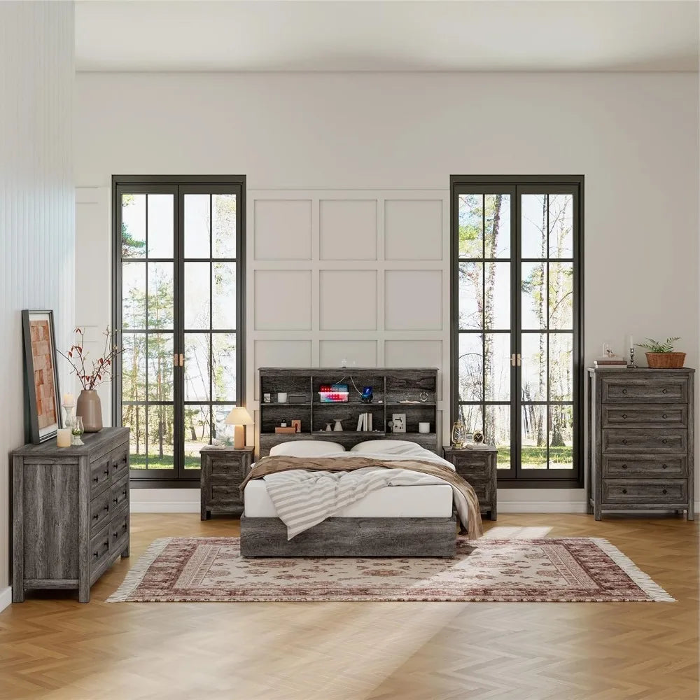 4 Pieces Farmhouse Bedroom Furniture Set, 1 X 5 Drawer Dresser, 1 X Rustic 6 Drawer Storage Dresser, Nightstand Set of 2 with Ch