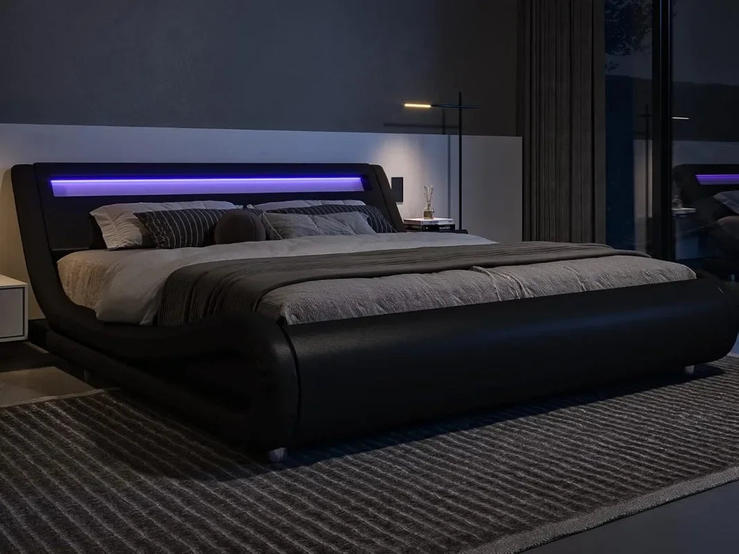 Queen Size Upholstered Platform Bed with Adjustable LED Headboard