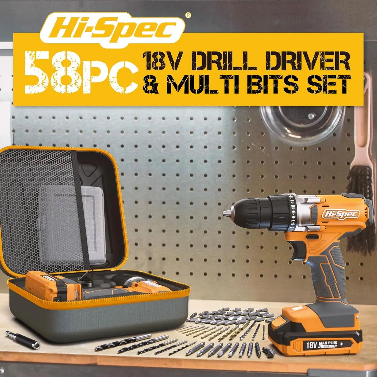 Hi-Spec 58pc 18V Cordless Power Drill Driver, Bit Set & Case.
