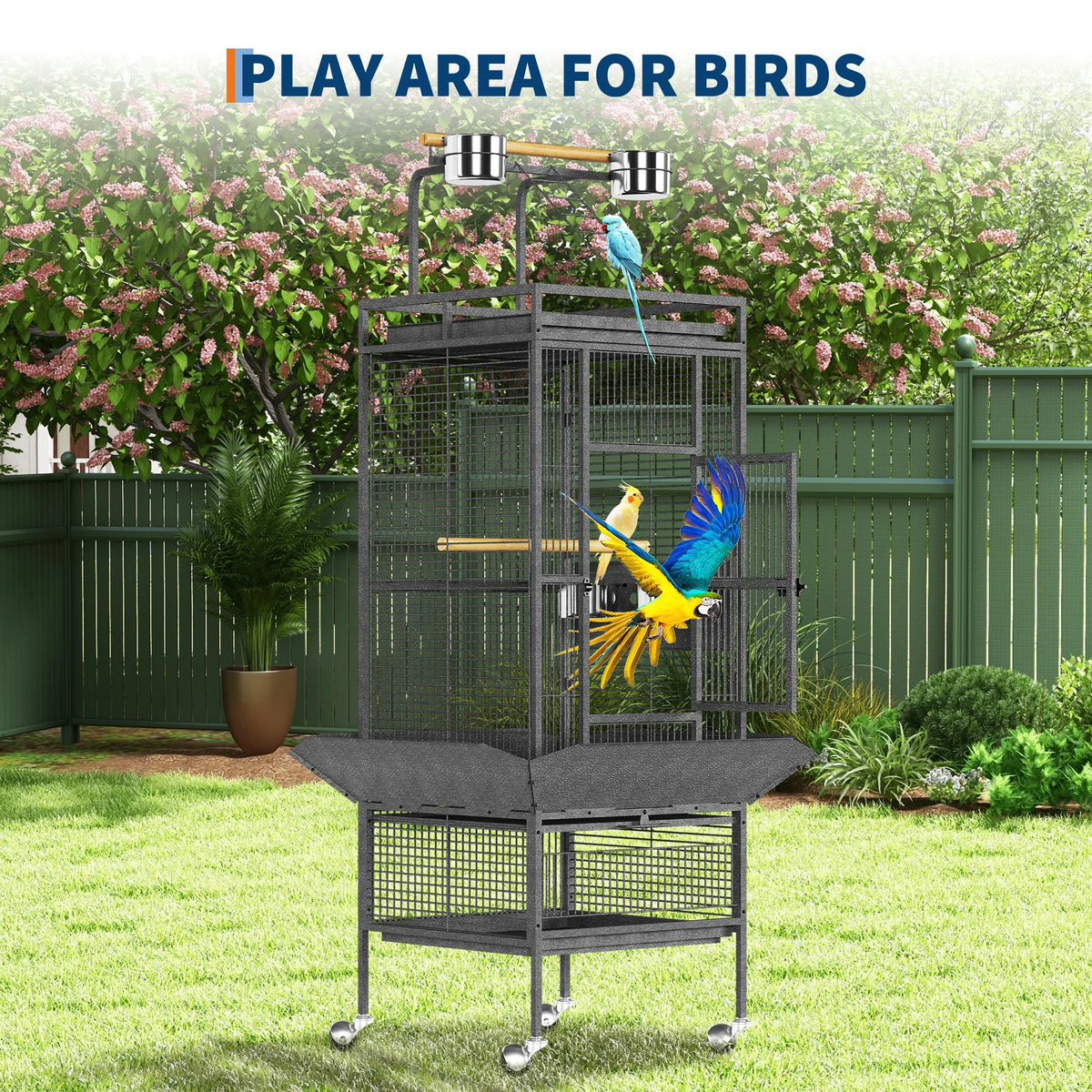 61-Inch Wrought Iron Bird Cage with Play Top & Rolling Stand