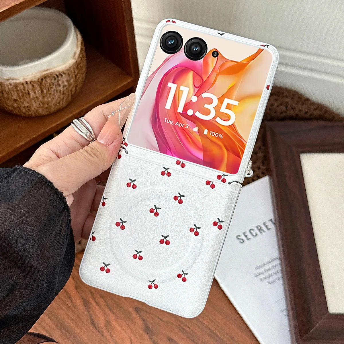 Cherry Print Magnetic Phone Case with Detachable Wrist Strap