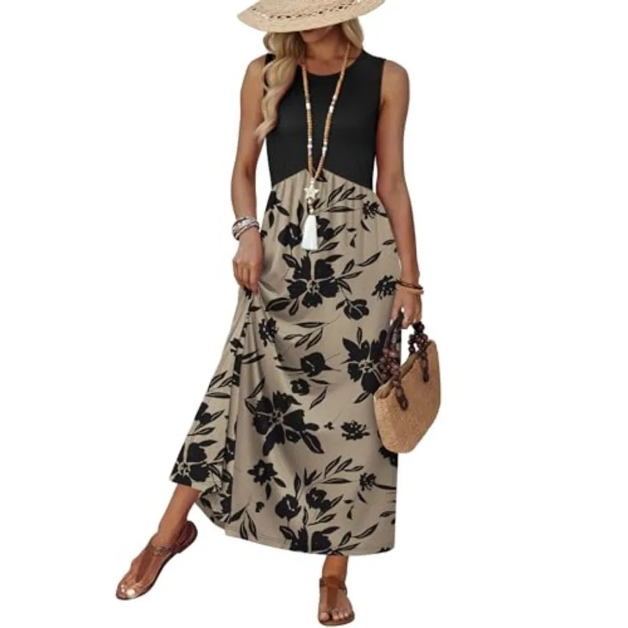 Women’s Floral Babydoll Maxi Dress | Sleeveless Empire Waist Summer Beach Dress