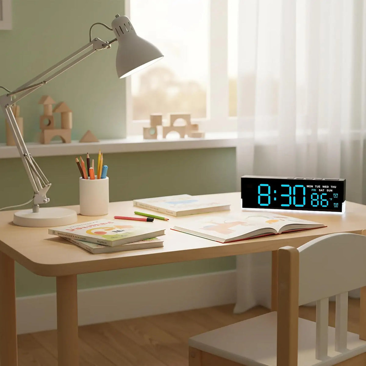Modern LED Digital Alarm Clock – Large Blue Display & Ambient Glow