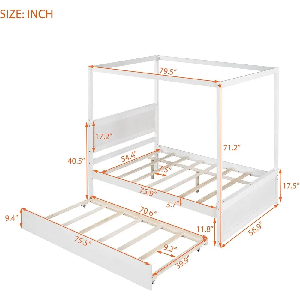 Full Size Canopy Bed with Trundle and Headboard, Solid Wood Four Poster Bed Frame with Support Slats, Wood Canopy Platform Bed f