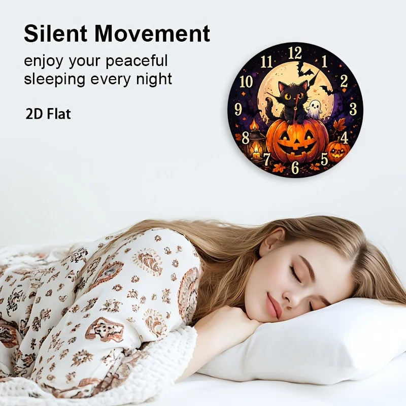Black Cat & Pumpkin Halloween Wall Clock . Silent Non-Ticking Decorative Clock for Spooky Home Décor