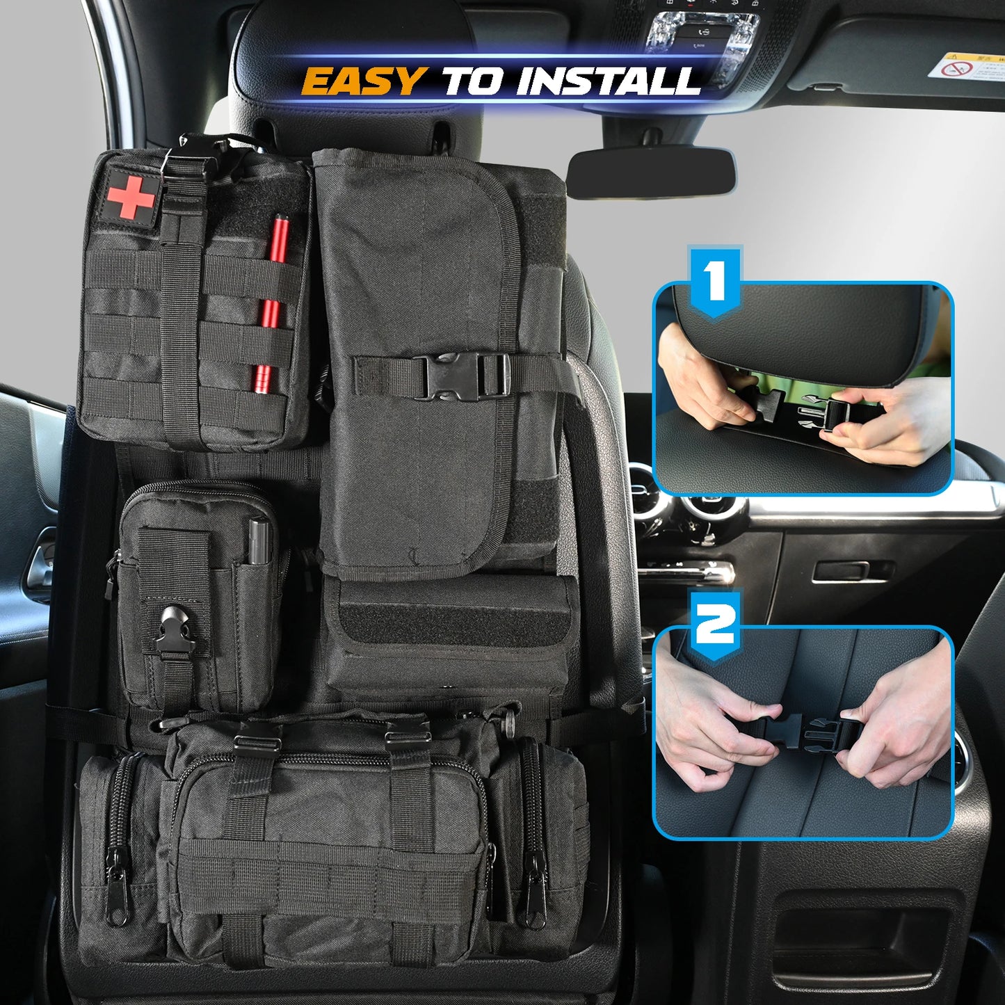 Car Seat Back Molle Organizer Tactical with 5 Molle Pouches Pocket Universal Vehicle Panel Protector Organizer Storage Bag Cover