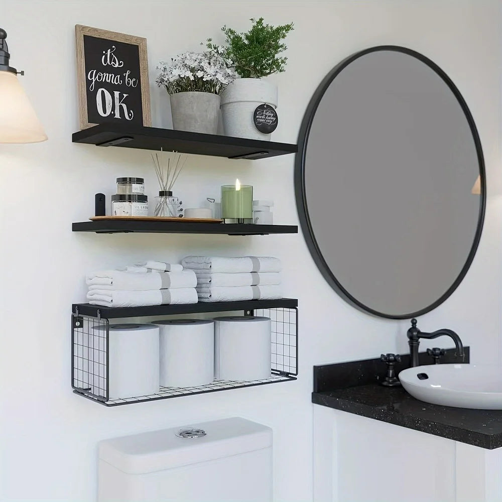Wall Mounted Floating Shelves Triple Tier Wood Bathroom