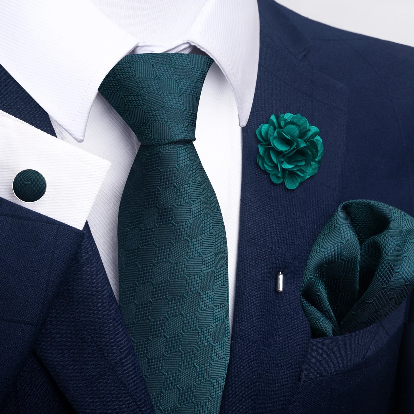 Luxury Green Floral Men’s Necktie Set .Tie, Pocket Square & Cufflinks