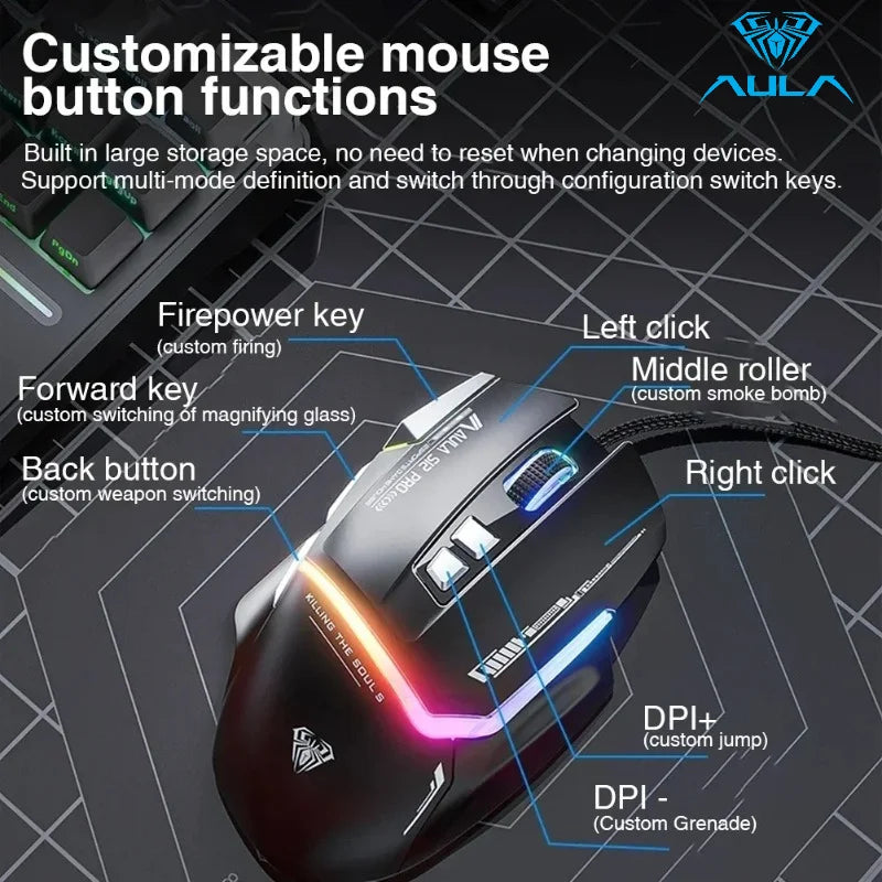 AULA S12Pro RGB Gaming Mouse .12800 DPI High-Speed Wired Mouse with Low Latency Performance