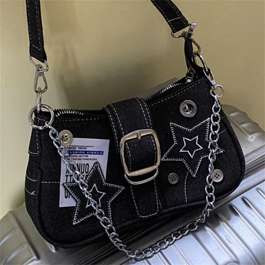 Y2k Fashion Women'S Handbags Stars Pattern Cool Girls Underarm Bag Fashion Canvas Female Small Shoulder Bags Chain Tote Purses