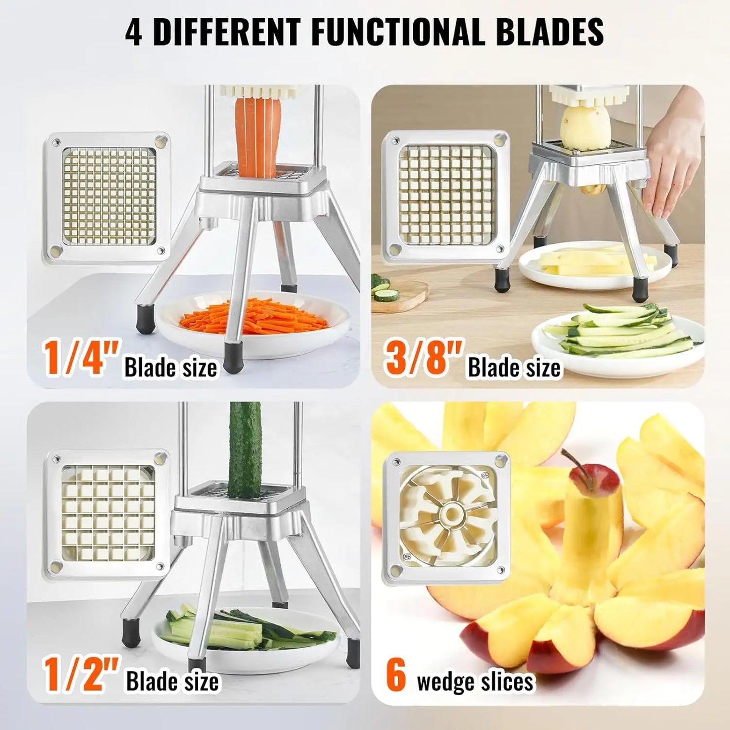 Commercial Vegetable Chopper w/ 4 Replacement Blades, Stainless Steel French Fry Cutter Potato Dicer & Fruit Slicer