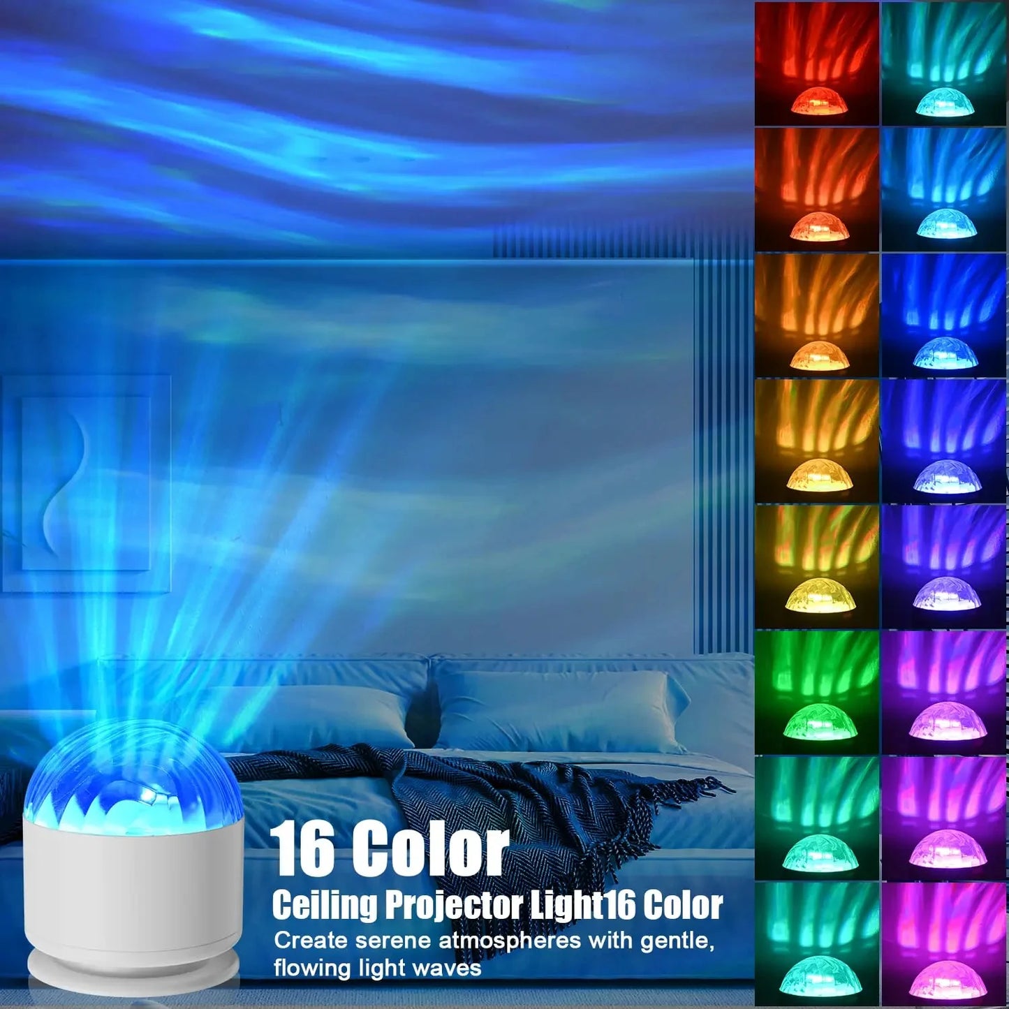 16-Color Aurora Galaxy Projector Night Light . Northern Lights Water Ripple LED Lamp with Remote Control