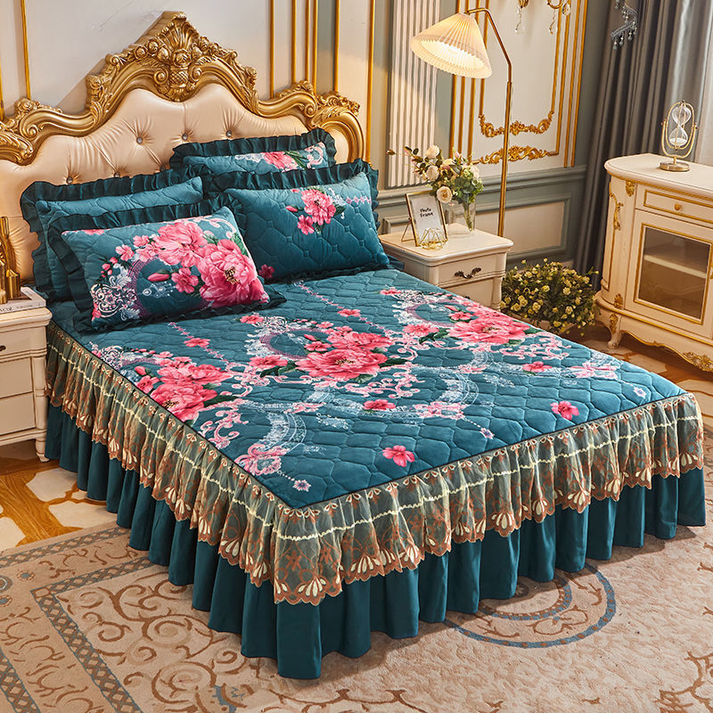 Luxury European Velvet Quilted Bed Skirt Set