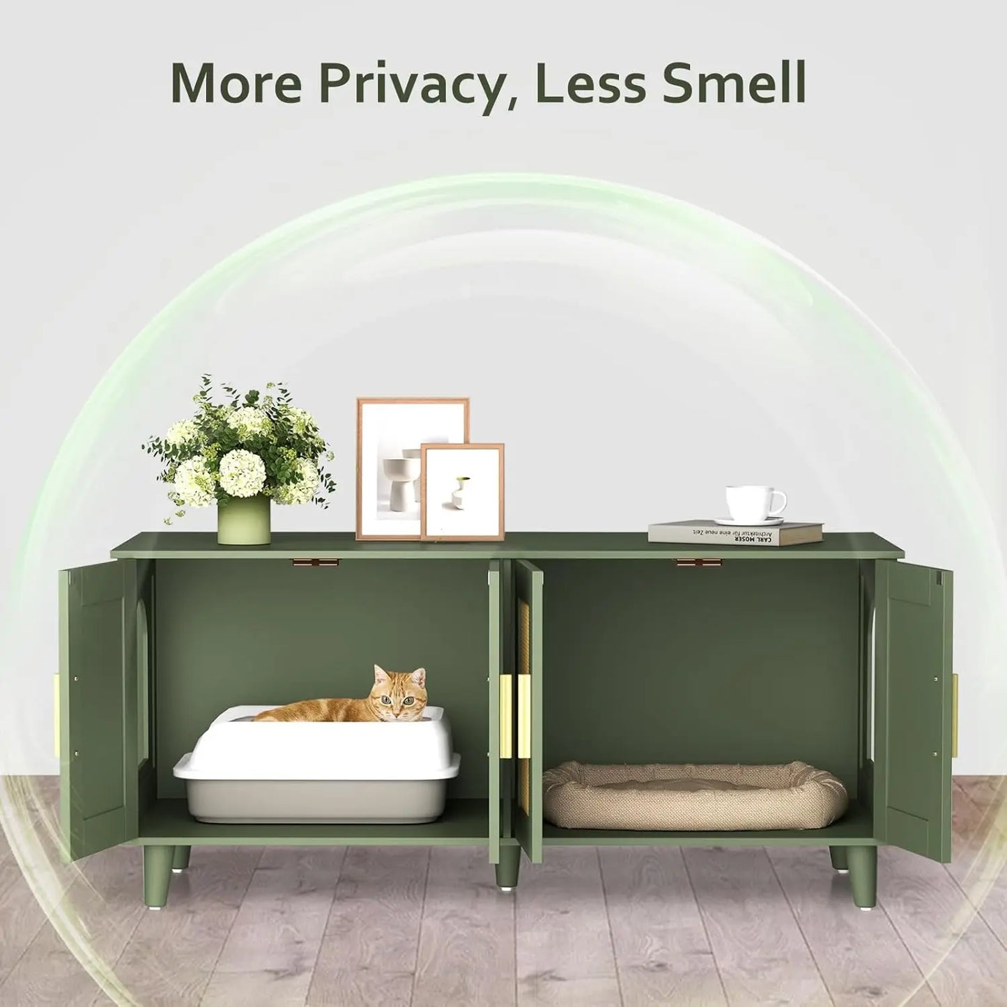 Homhedy Boho Cat Litter Box Enclosure for 2 Cats Litter Box Furniture Hidden with Double Rattan Decorated Doors,Wooden Cat