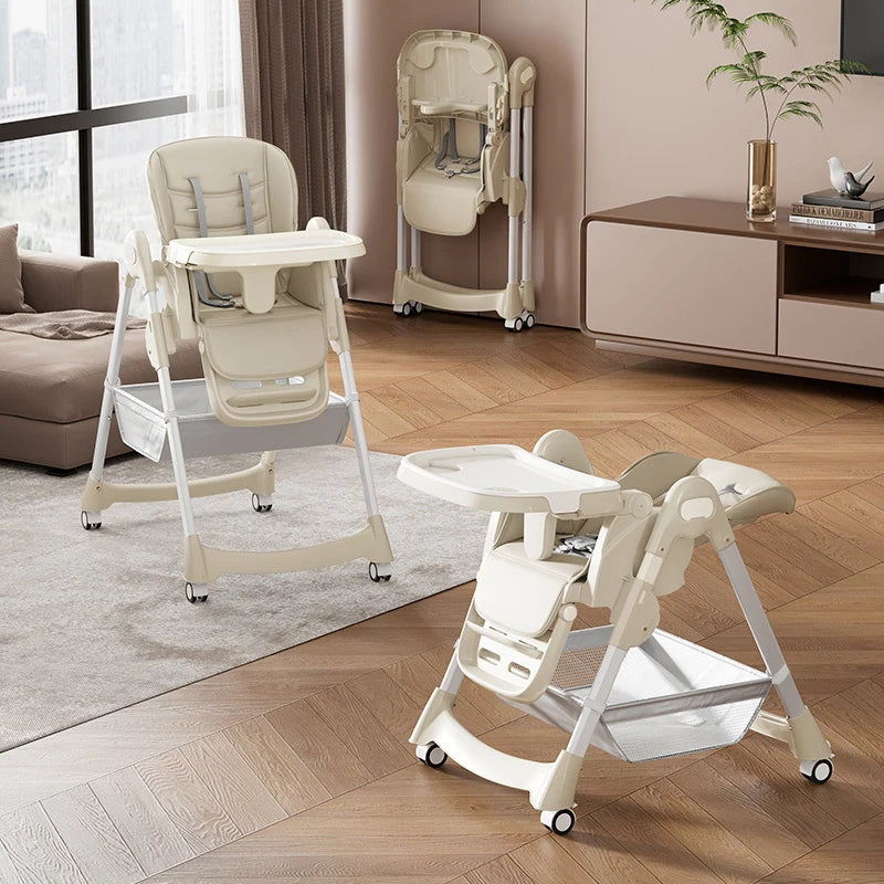 Foldable Adjustable Baby High Chair with PU Leather Seat, Removable Tray & Safety Harness  Description: