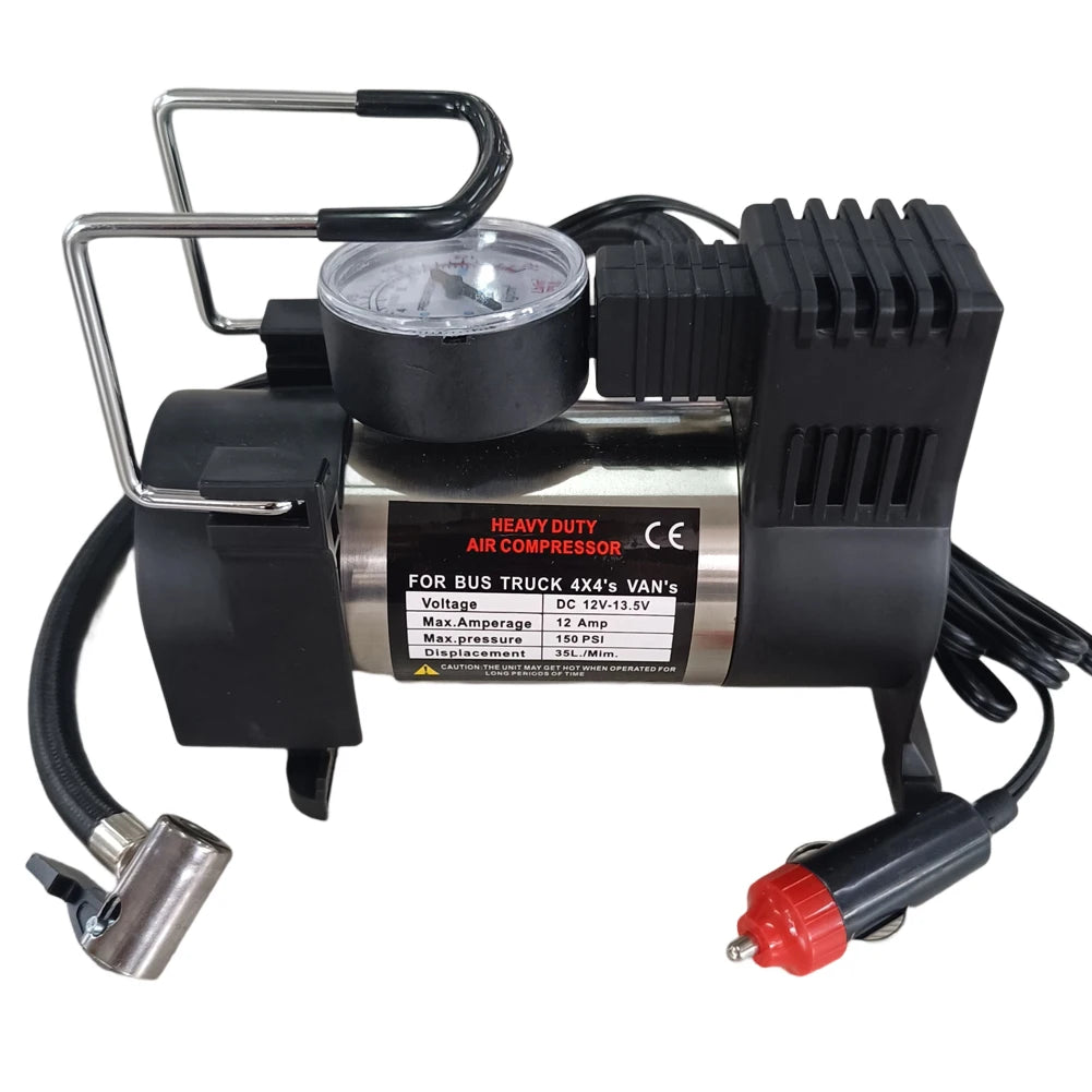 Heavy Duty 12V Portable Tire Inflator Air Compressor | 150 PSI Metal Car Air Pump for Cars, SUVs, Motorcycles & Bicycles