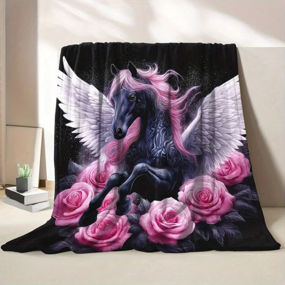 Mystical Pegasus Rose Flannel Blanket.Ultra Soft Cozy Throw for Bed, Sofa & Relaxation