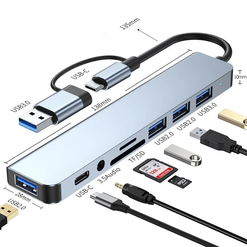 8-in-2 USB-C Docking Station Hub with HDMI, USB 3.0, SD/TF Card Reader & 3.5mm Audio Adapter