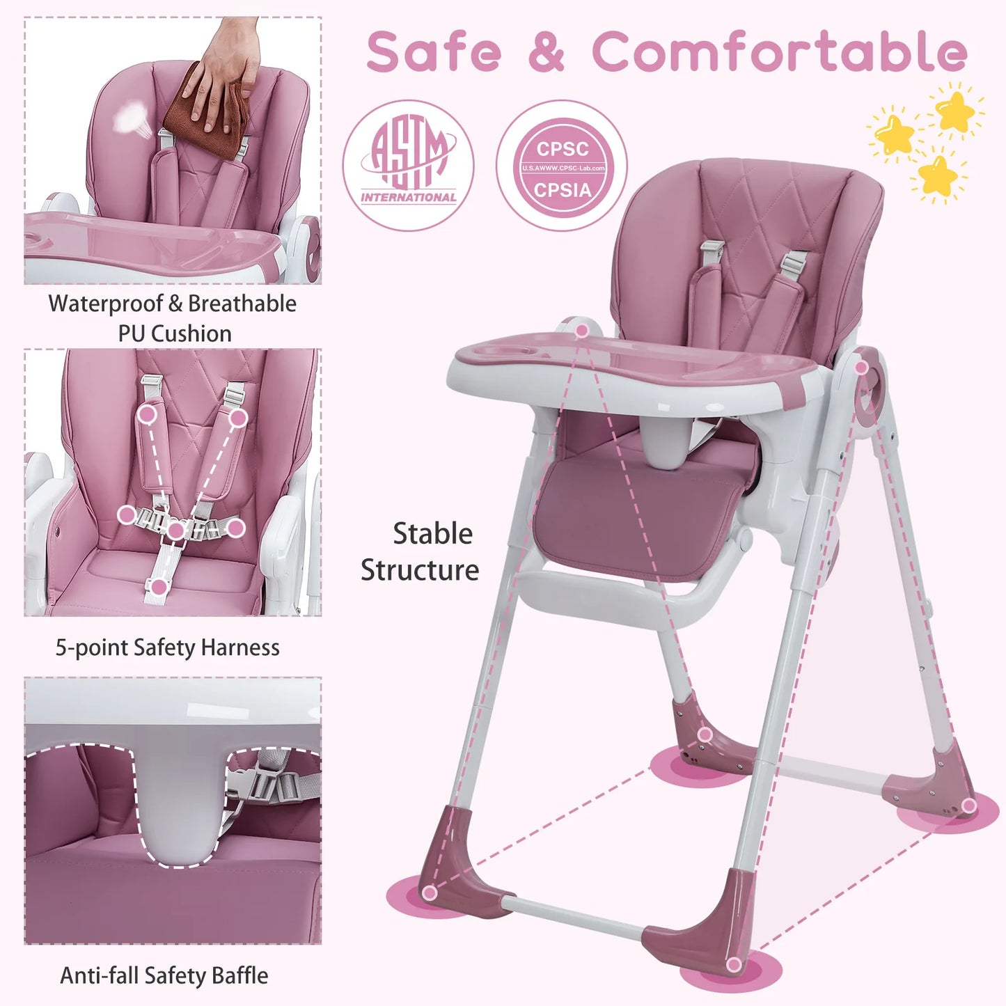 Multifunction Baby High Chair with Adjustable Height, Reclining Seat & Feeding Tray
