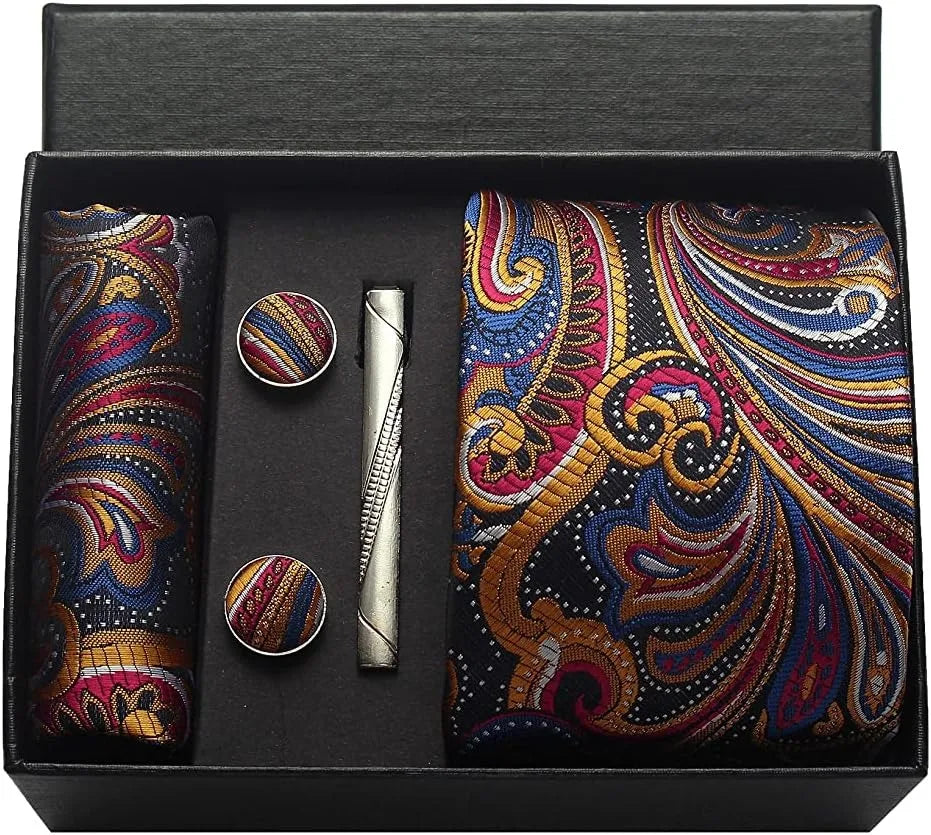 Luxury 100% Silk Paisley Floral Men’s Necktie Set | Business Tie with Matching Pocket Square & Formal Accessories