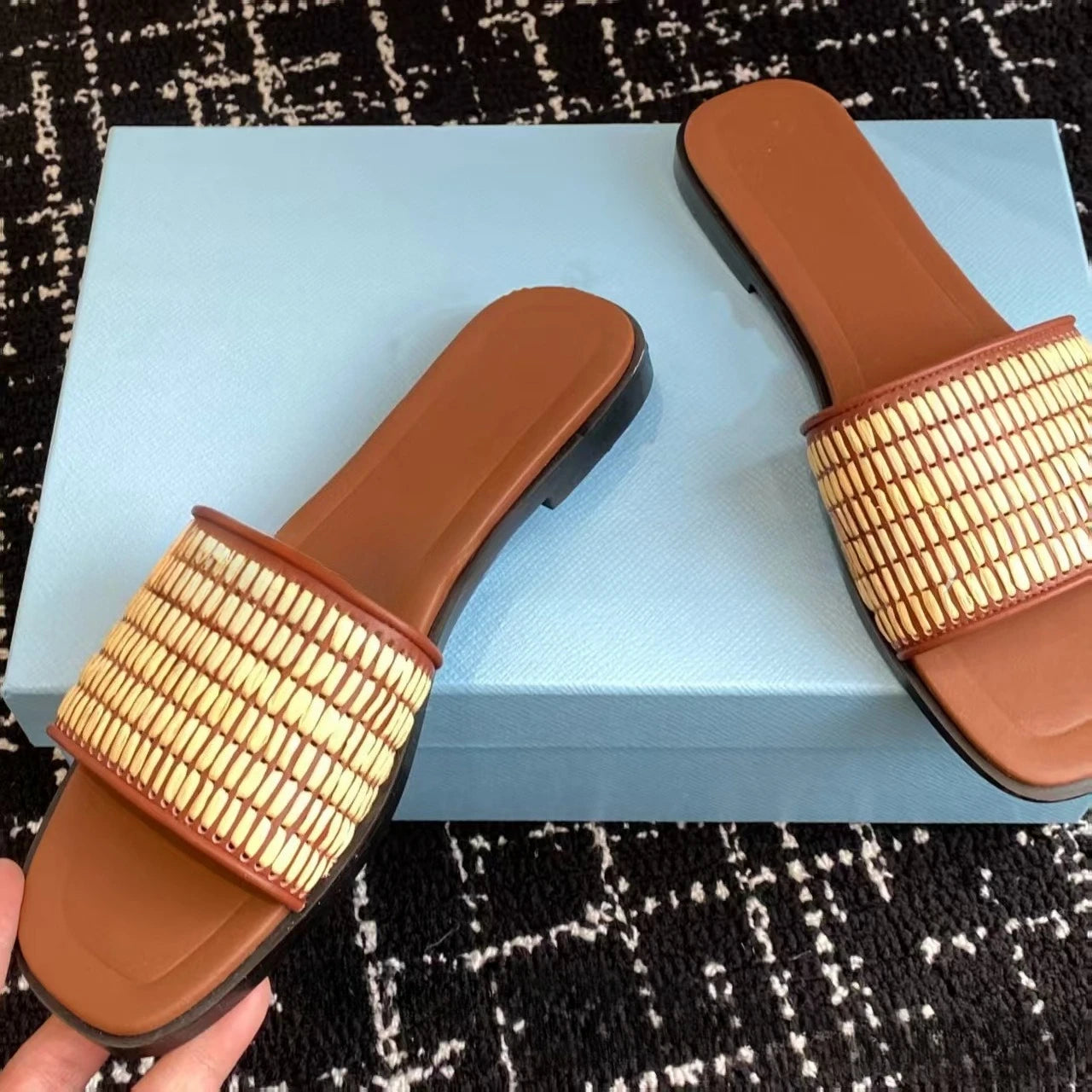 Luxury Women’s Woven Buckle Slide Sandals. Premium Square Toe Summer Flats