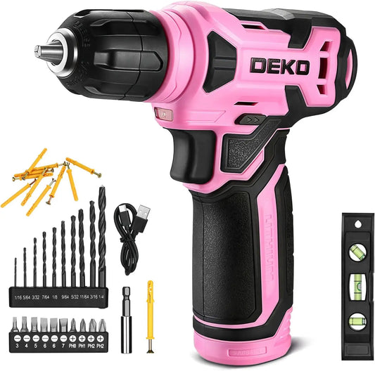DEKO 8V Pink Cordless Drill, Drill Set with 3/8"Keyless Chuck, 42pcs Acessories, Built-in LED, Type-C Charge Cable