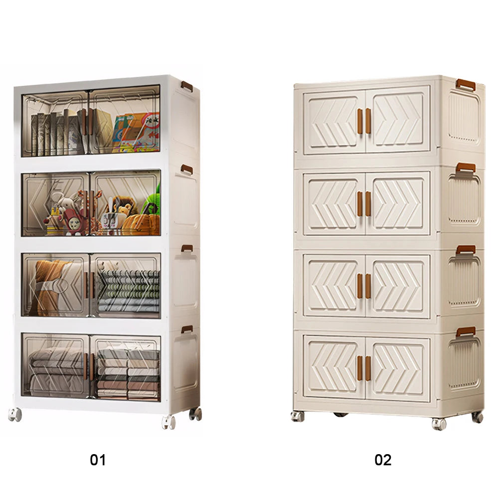 4 Tier Stackable Storage Bins with Lids with Doors & Wheels Foldable Organization Storage Drawer for Living Room Bedroom Office