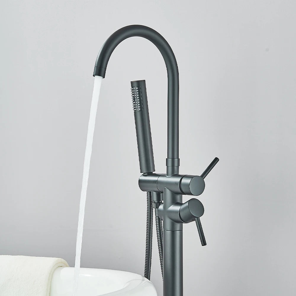 Black Floor Mounted Bathtub Faucet Hand Shower Hot Cold