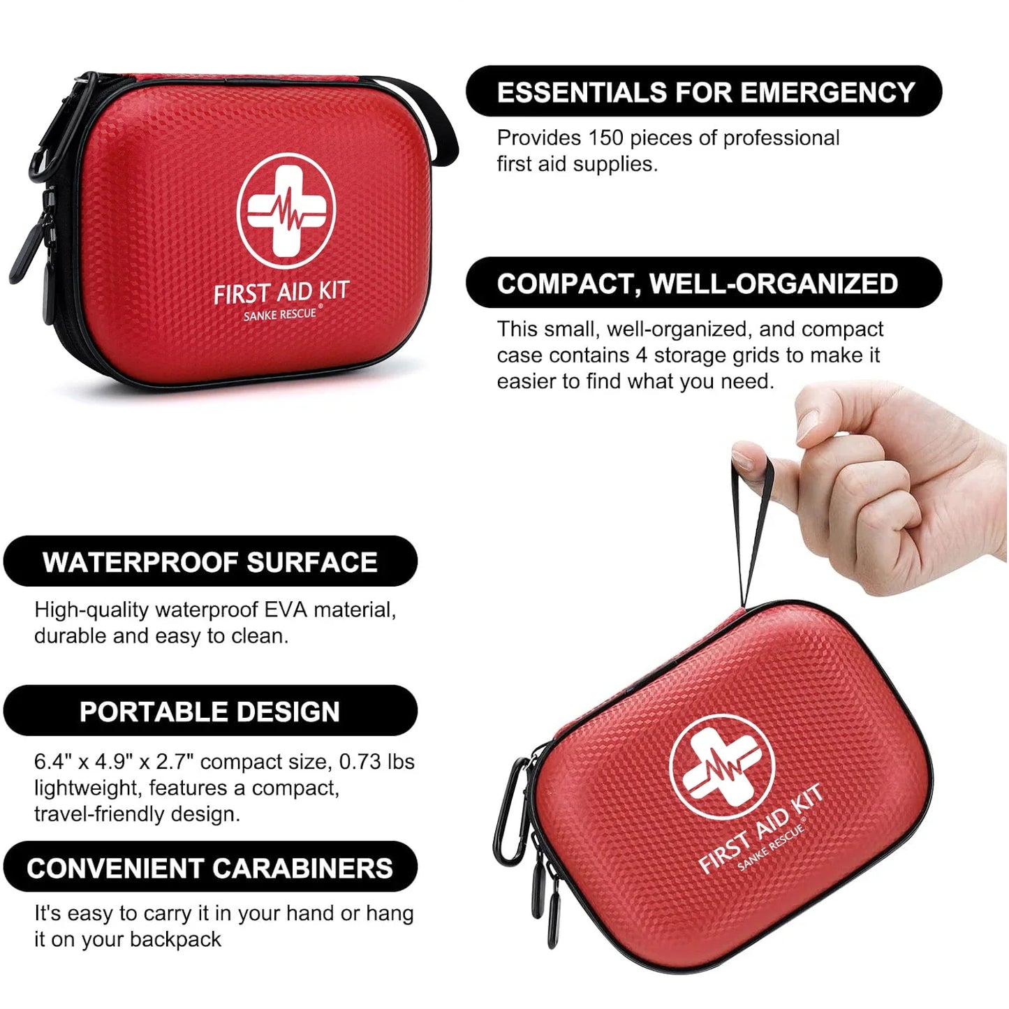 Mini First Aid Kit 150 Piece Small Waterproof Hard Shell Medical Kit for Home Car Travel Camping Truck Hiking Sports Office